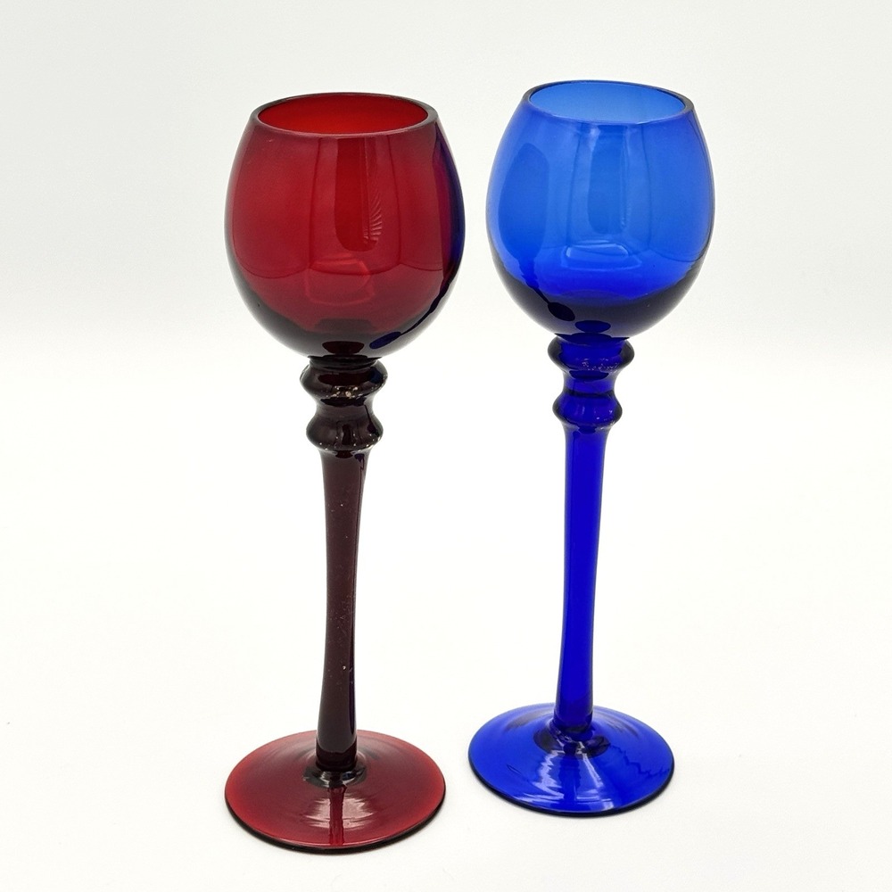 Vintage Art Glass Cordial Goblets Red Blue Set 2 Long Stem Wine Glasses MCM